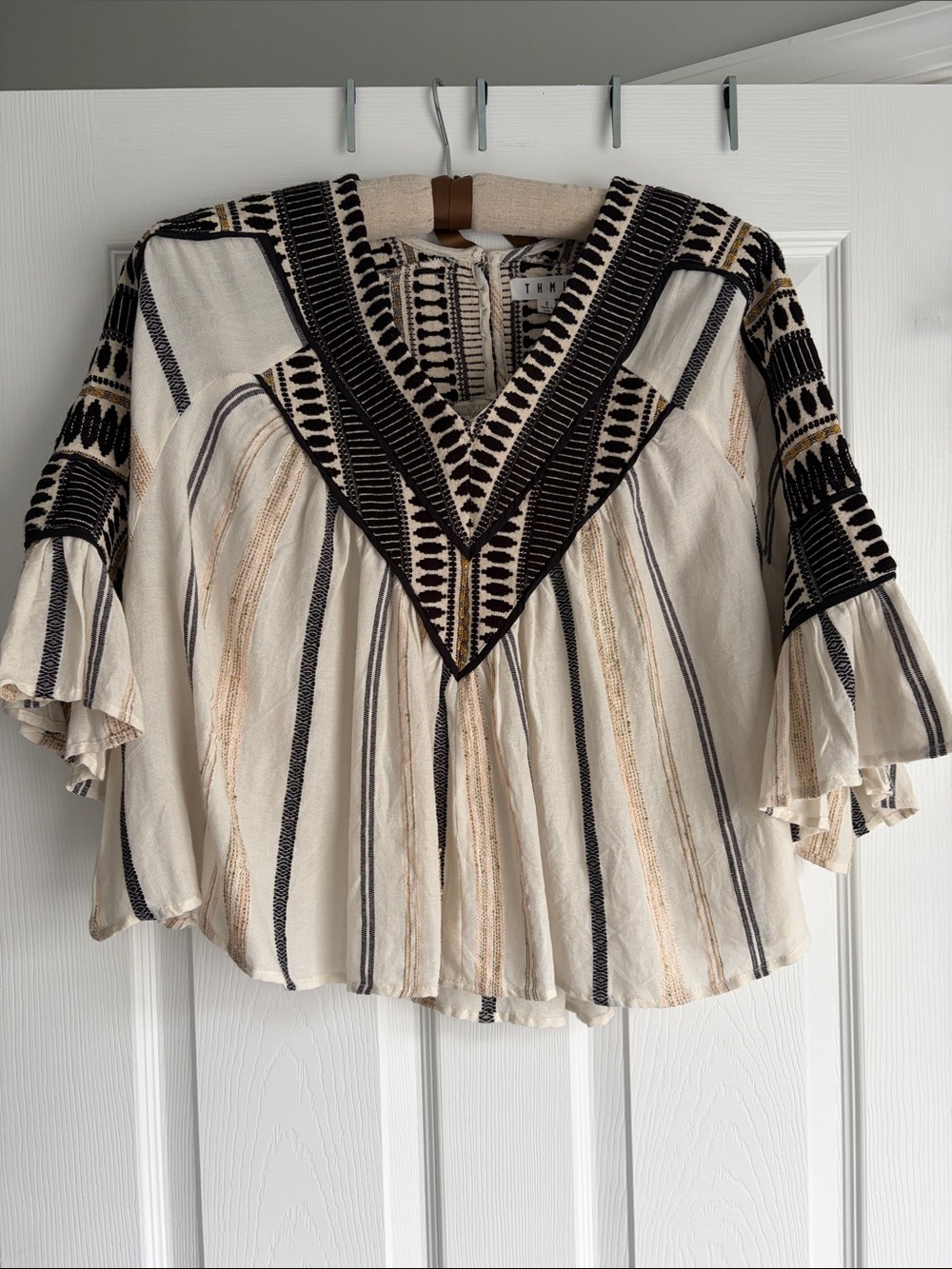 THML Cream Boho V-Neck Peasant Top with Black Trim